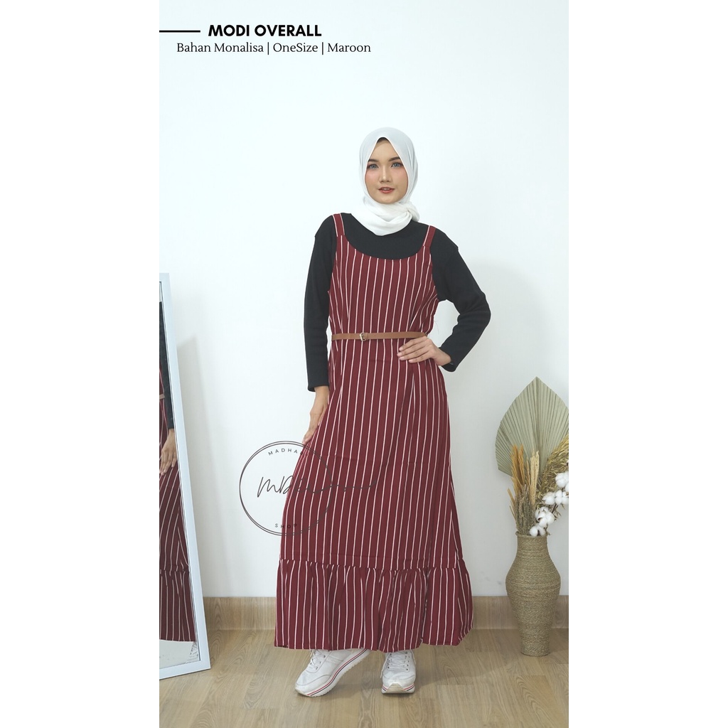 (FREE BELT) Modi Overall Bahan Monalisa Motif Salur Garis Stripe Rempel Bawah Tanpa Lengan Ld 102 cm / Dress Wanita Remaja Muslim Terbaru Warna Mocca Hitam Maroon Navy Kekinian