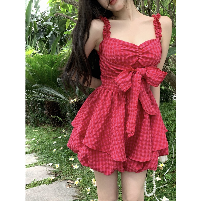 Suhao kotak-kotak merah suspender dress wanita musim panas manis babes tanpa lengan busur Perancis p