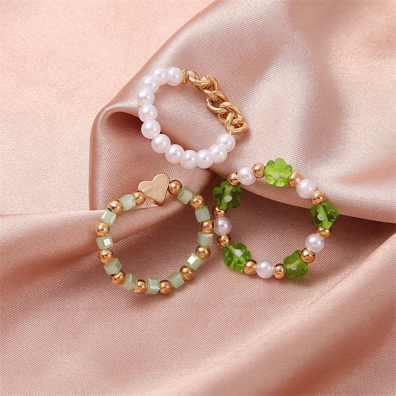 3pcs / Set Cincin Manik-Manik Mutiara Handmade Warna-Warni Untuk Wanita