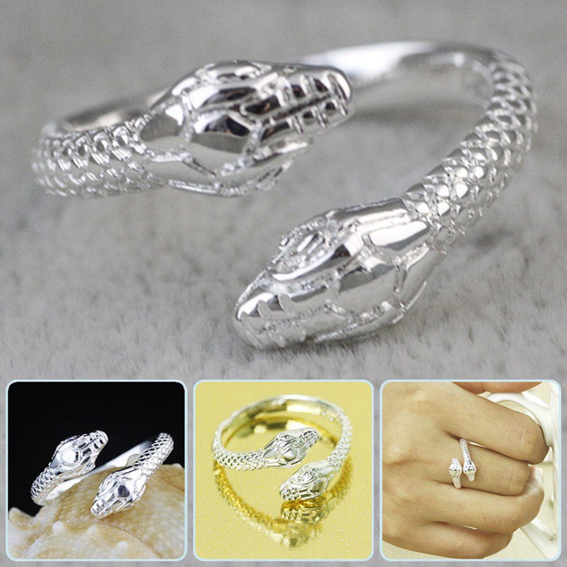 Hospitality Women/Men Fashion Opening Adjustable Double Snake Head Silver Plated Ring