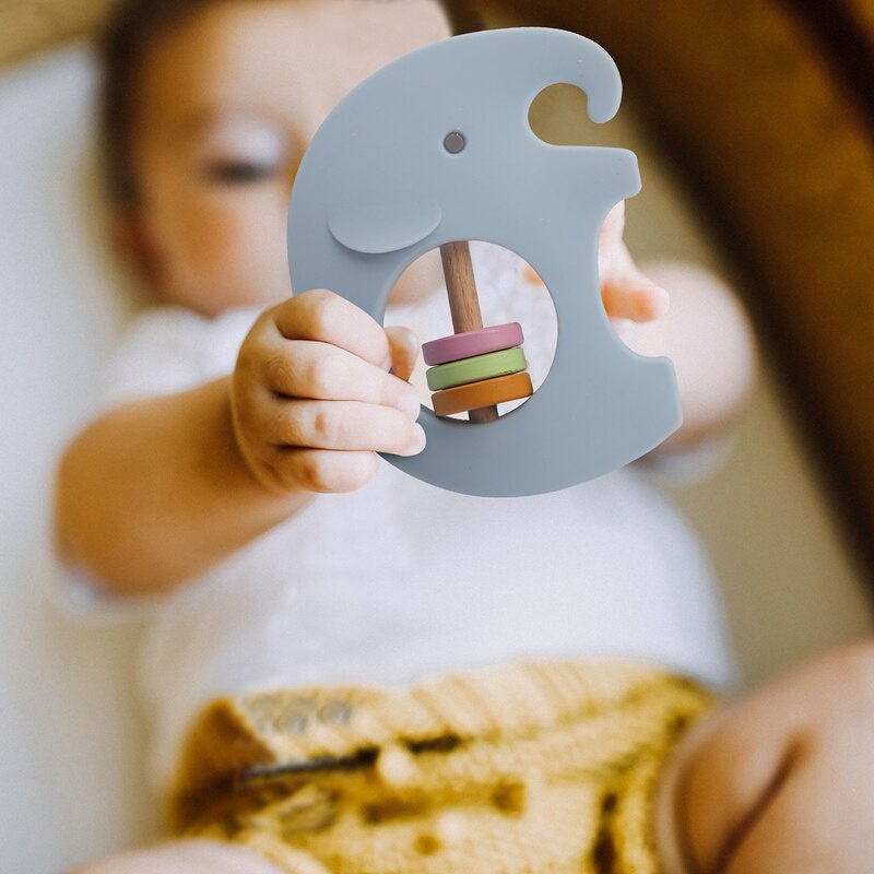 Elephant Silicone Rattle Teether Mainan Gigitan Anak Bayi Silikon dan Kayu