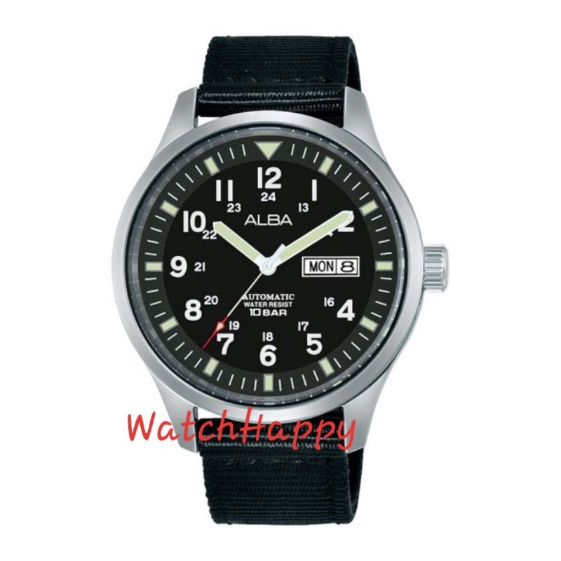 WatchHappy Alba AL4223X1 Automatic Black Dial Case Stainless Day Date AL4223 Nylon 100% Original