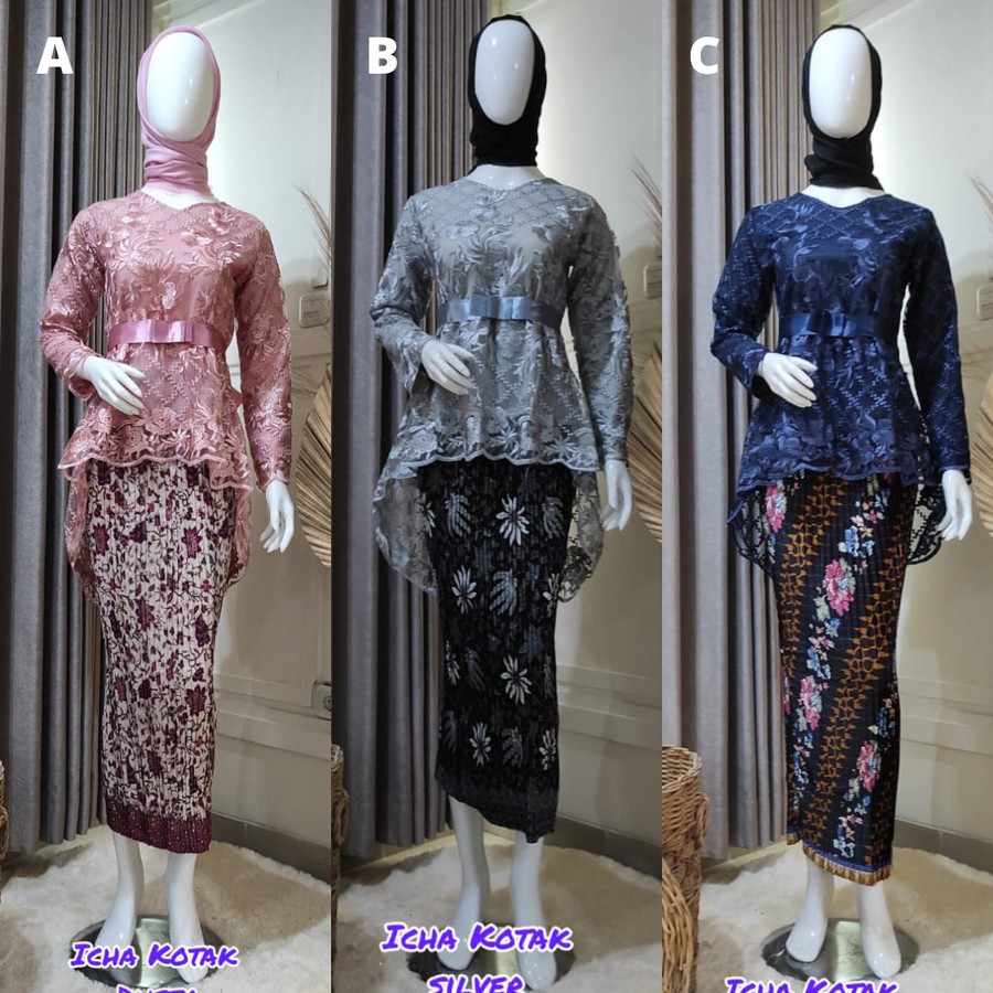 Setelan Kebaya Modern Bahan Tulle Warna Navy / Salem / Tosca / Hijau Wardah