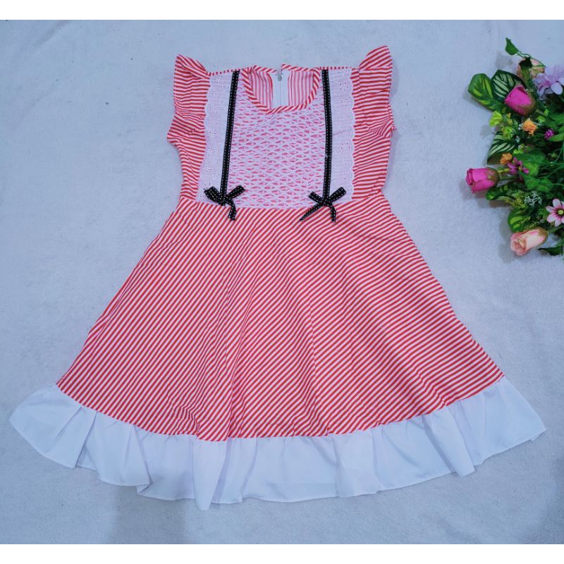 Dress Anak 4 5 Tahun motif strip brokat Renda Putih perempuan murah biru hitam Hijau pink merah Fatonah shop terbaru baju Grobogan (Dress BrokatStrip XL)