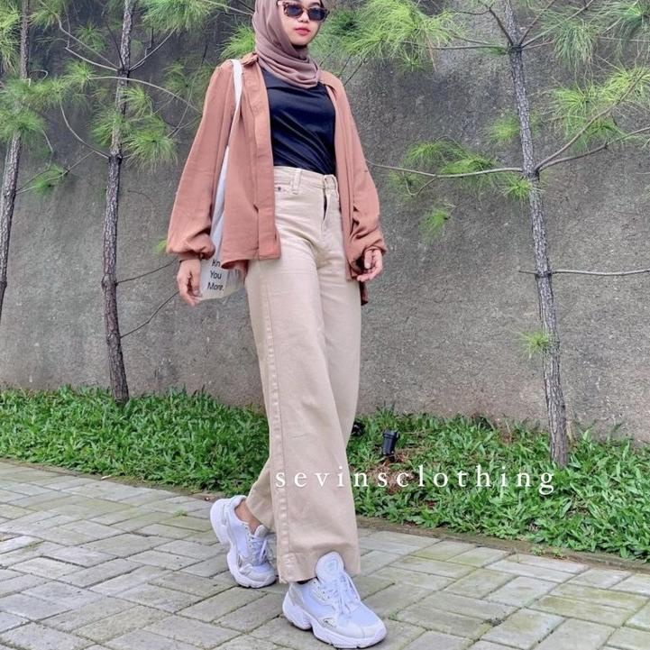 Siap Kirim.. Sevins - celana panjang highwaist kulot jeans latte/kulot jeans cream/kulot wanita