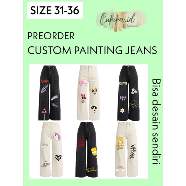 [SIZE 31-36] BACA DESKRIPSI JEANS PAINTING CUSTOM CUPIPA.ID CELANA JEANS KULOT HIGHWAIST JEANS PUTIH