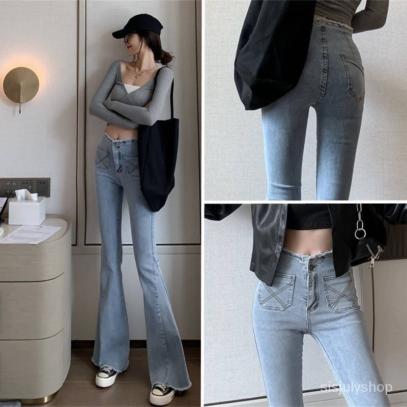 #Sisjuly# Retro High Waist Raw Edge Jeans Wanita Baru Longgar Celana Berkobar Serbaguna Celana Panja