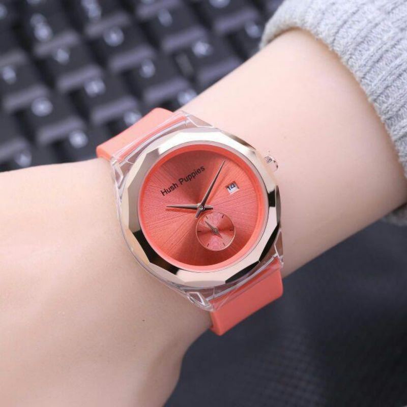 JAM TANGAN WANITA HUSH PUPPIES DETIK BAWAH TALI BAHAN KARET BULAT HP 1988