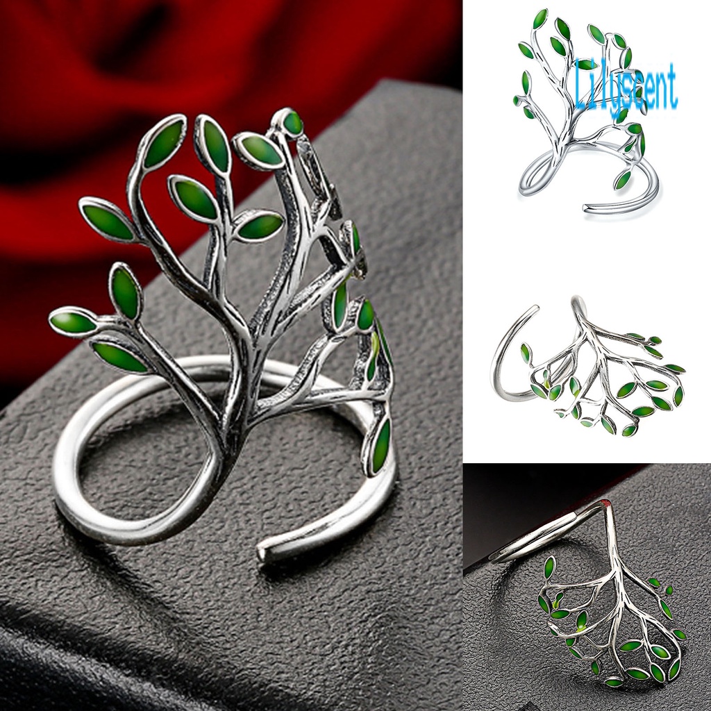 Lily Cincin Model Terbuka Adjustable Desain Ranting Daun Hijau Bahan Tembaga Untuk Priawanita