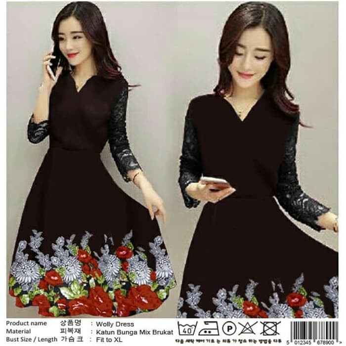 pakaian Gaun muslim ibu islami Dress Lace Batik Wolly untuk pesta kerja kantor