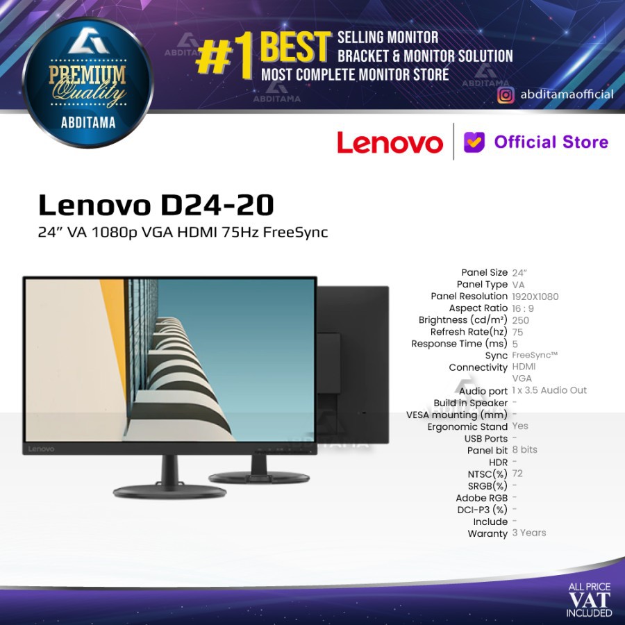 Led monitor lenovo 24 inch D24-20 1080P Hdmi VGA 75hz RESMI