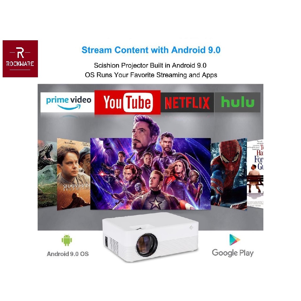 ROCKWARE RW-Q351 - Smart Android 9.0 WiFi HD Projector 4000 Lumens