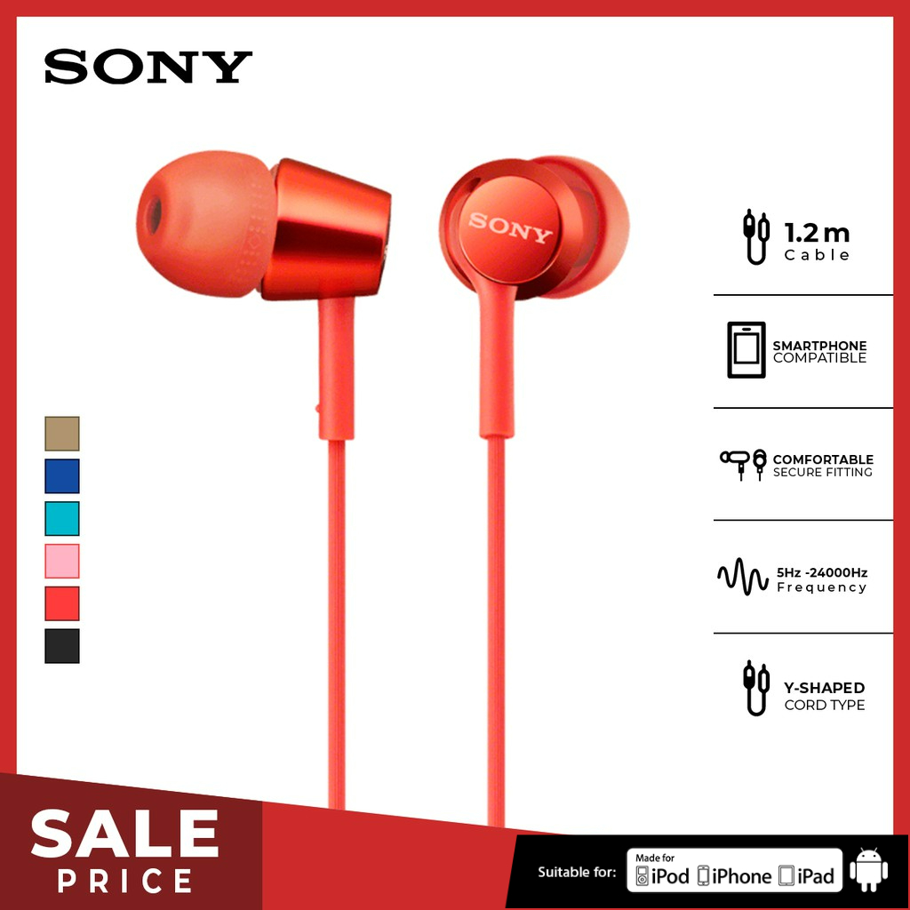 Earphone Sony MDR-EX155AP Handsfree Mass Model In-Ear With Microphone - Red Earphone Headset Original