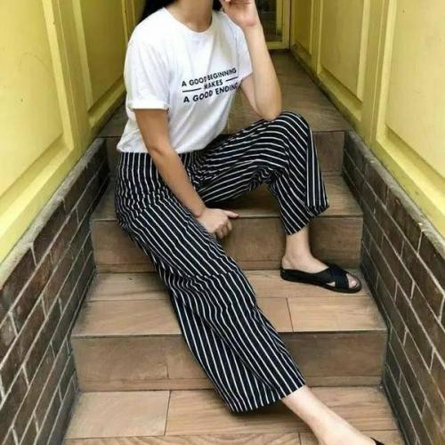 Fine_stars Celana kulot garis garis hitam putih - celana wanita