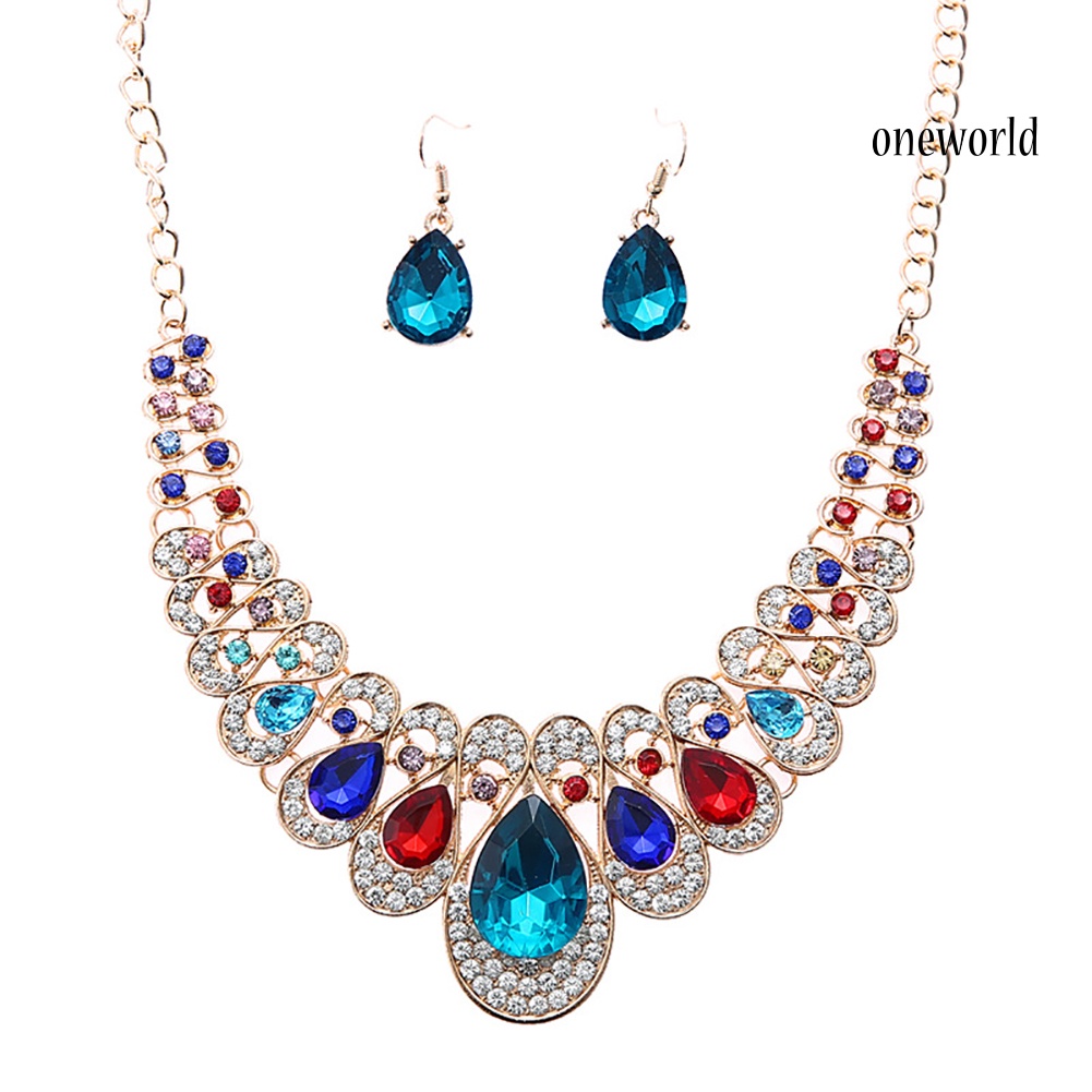 OW@ 2Pcs/Set Teardrop Rhinestone Statement Bib Necklace Earrings Bridal Jewelry Gift