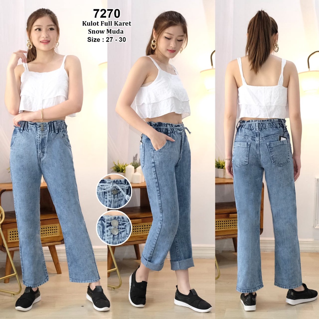 Celana Jeans Wanita Kulot Full Karet 27 28 29 30 Bisa Bayar Ditempat(COD)