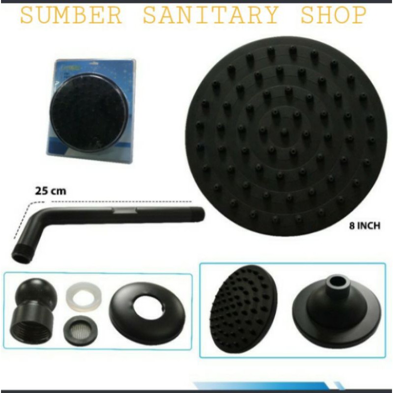 WALL SHOWER HITAM BULAT 8 INCH / HEAD SHOWER BULAT HITAM 8 INCH MINIMALIS