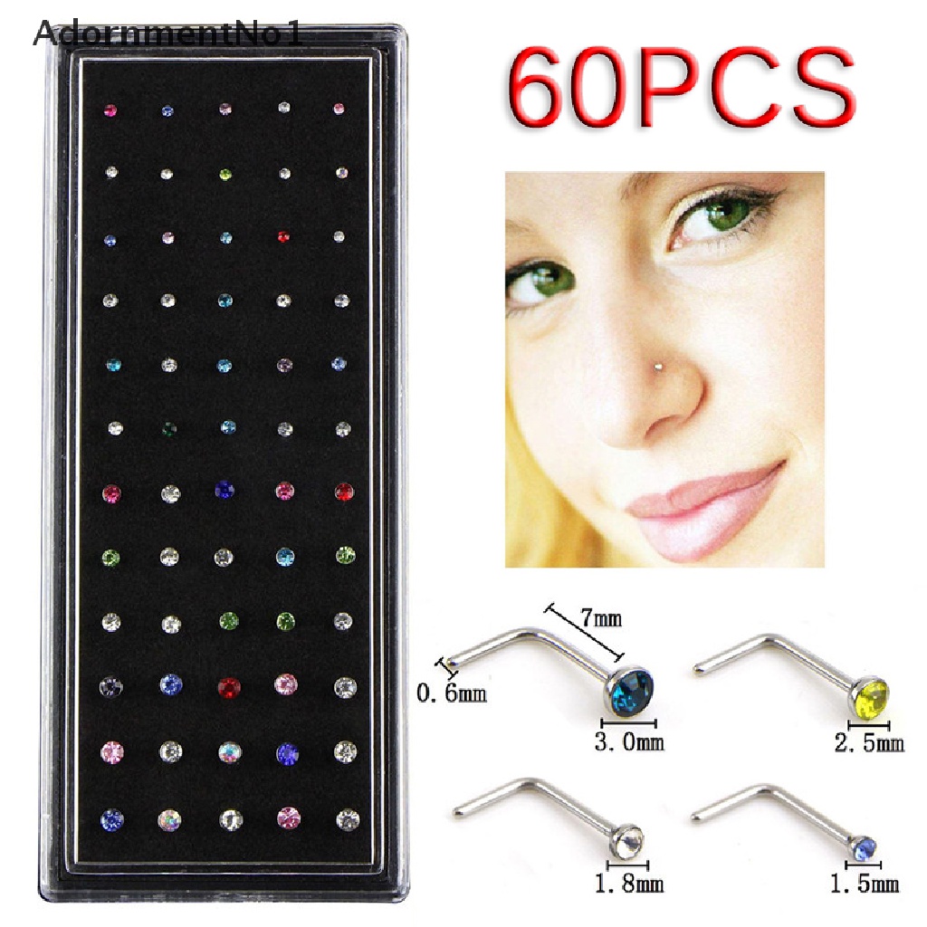 (AdornmentNo1) 60pcs / Set Anting Tindik Hidung Bentuk L Aksen Berlian Imitasi Untuk Perhiasan Wanita