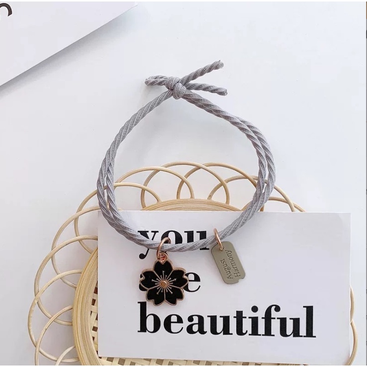 Gelang ikat rambut Daisy Sunflower Sakura elastis awet Gaya Korea-Sakura Black
