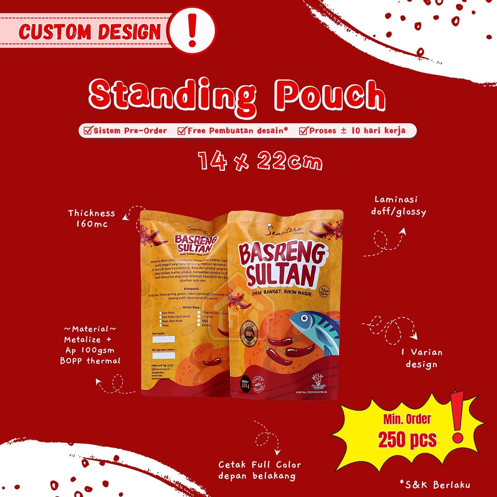 CETAK Kemasan Standing Pouch Printing Custom Design uk. 14x15(21/22/23)cm & 15x22cm