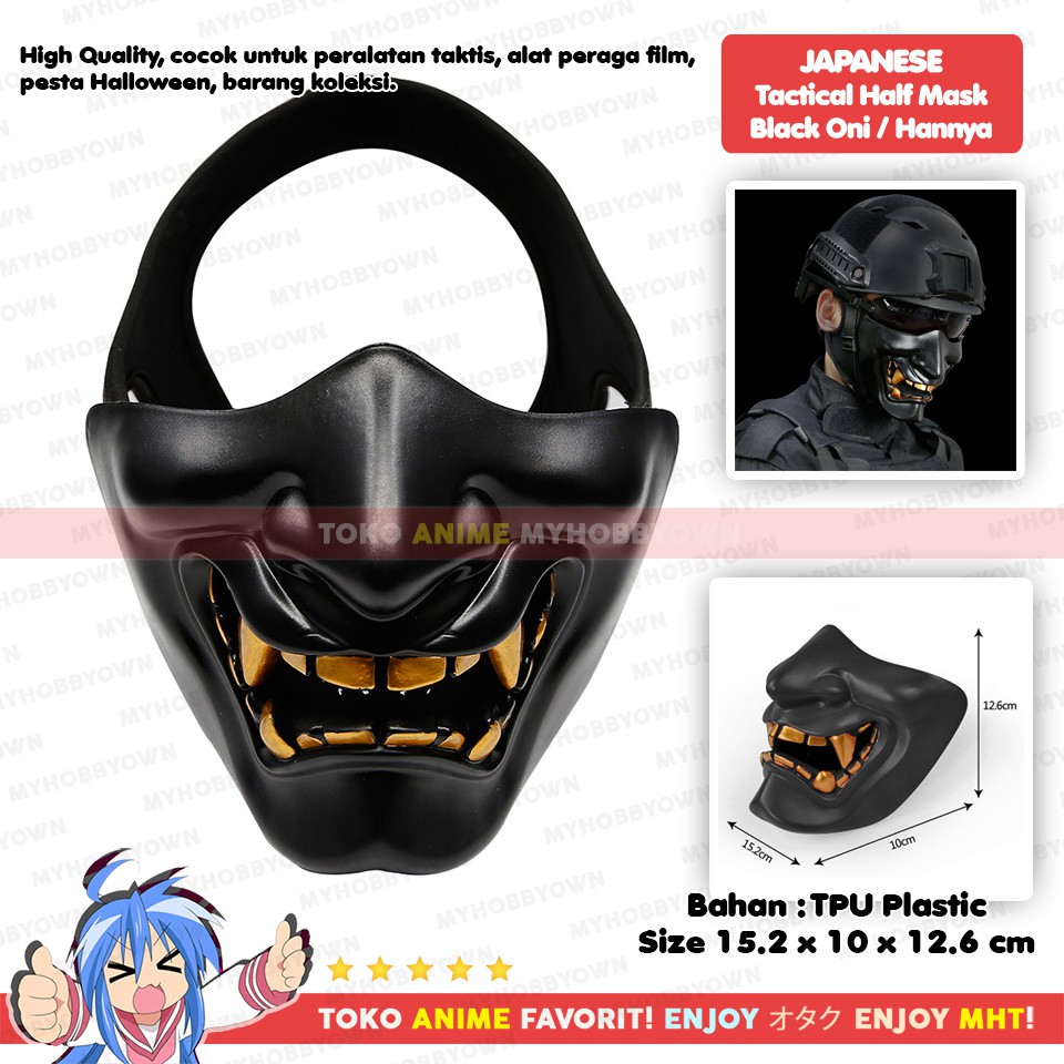 Topeng Anime Jepang Noh Kabuki Hannya Hitam Oni Demon Mask Half Face