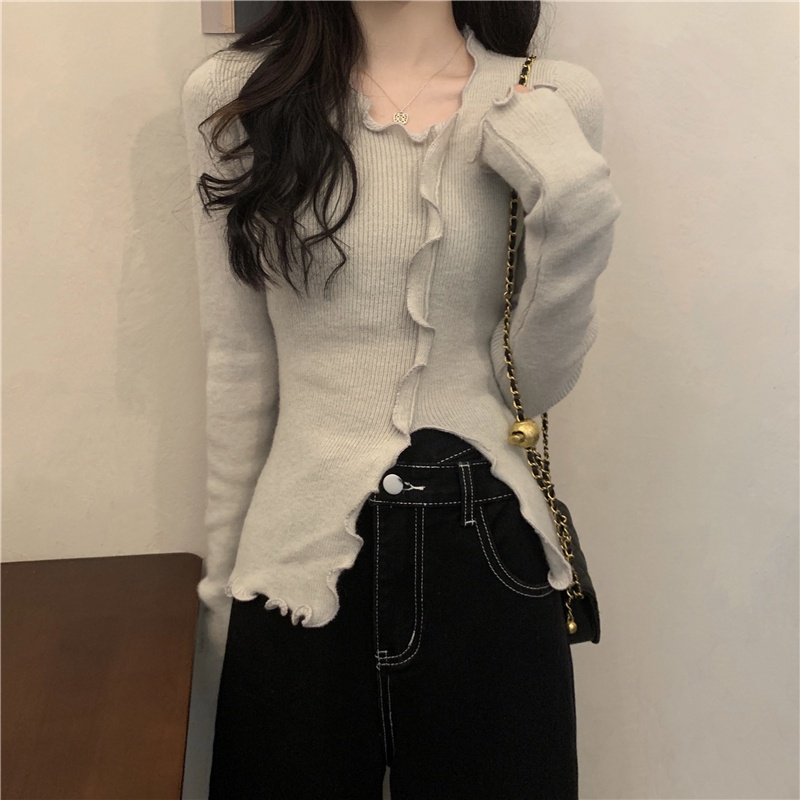 Korean Knit Top Wanita Lengan Panjang Kaos Rajut Polos