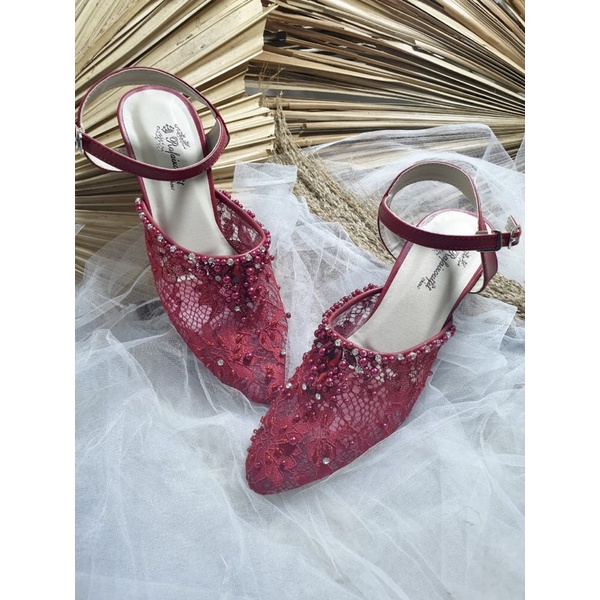 sepatu wedding shoes merah marron tali tinggi 5cm tahu