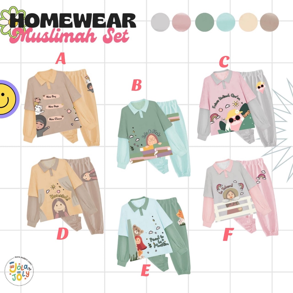 SETELAN ANAK MUSLIMAH SET HOMEWEAR MUSLIMAH JOLA JOLY SIZE 6-14 TAHUN