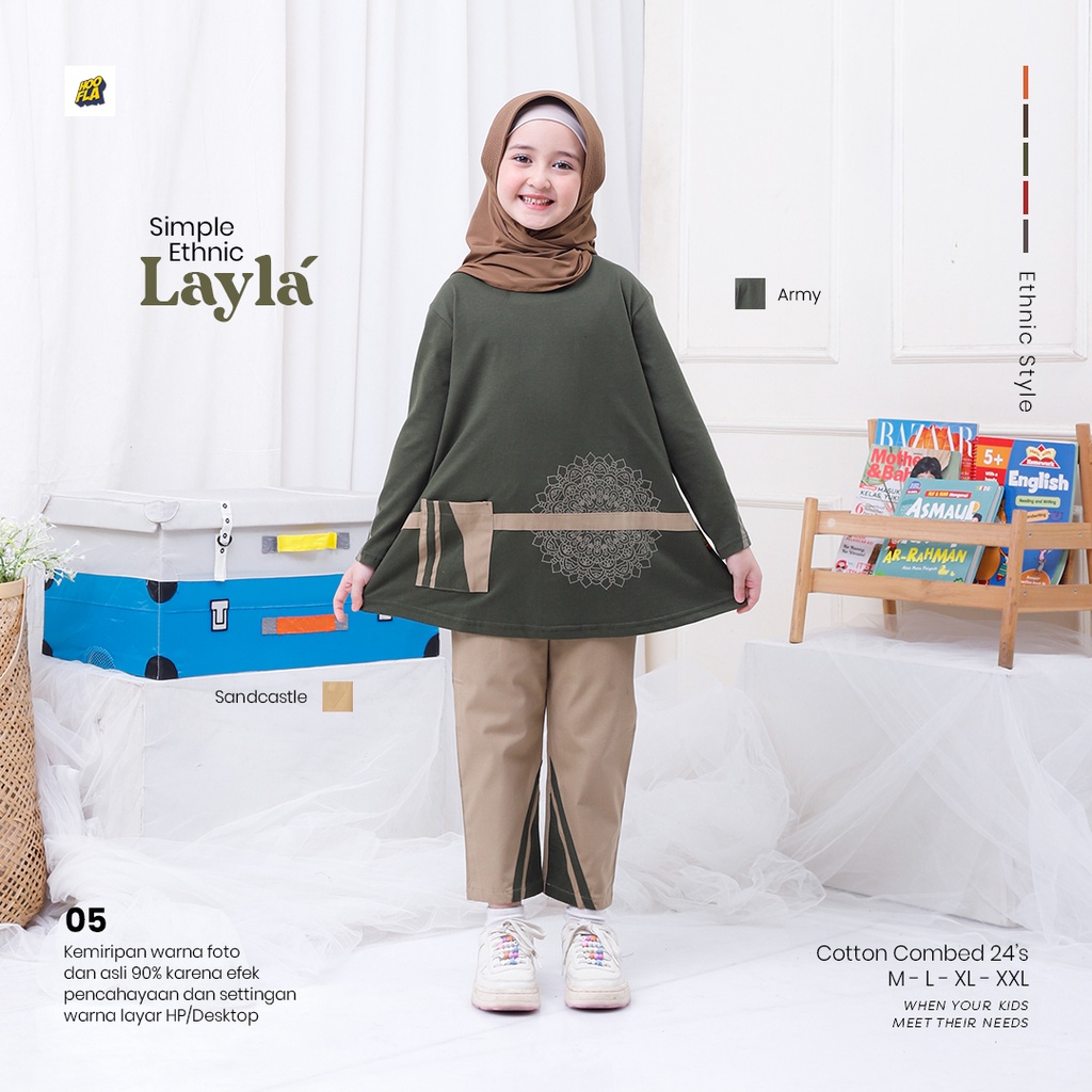 Hooflakids Baju Setelan Anak Perempuan Tanggung Atasan dan Bawahan Simple Ethnic Qais Untuk Usia 5 sampai 12 tahun