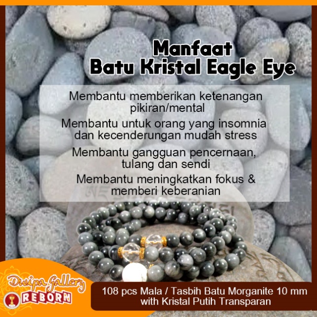 Tasbih / Mala Buddha 108 Batu Eagle Eye 8mm with Kristal Putih cutting