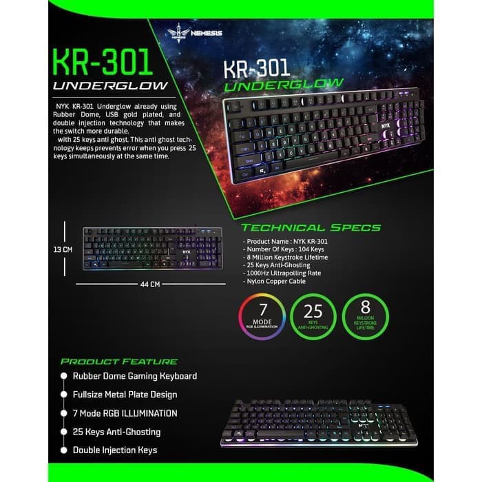 NYK KR-301 Underglow Rubber Dome Nemesis RGB Gaming Keyboard NYK KR301