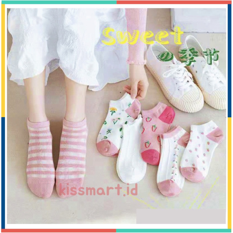 Kaos Kaki Strawberry Korea Sock Wanita Fashion Motif Stroberi Bunga Kaoskaki Pendek Import