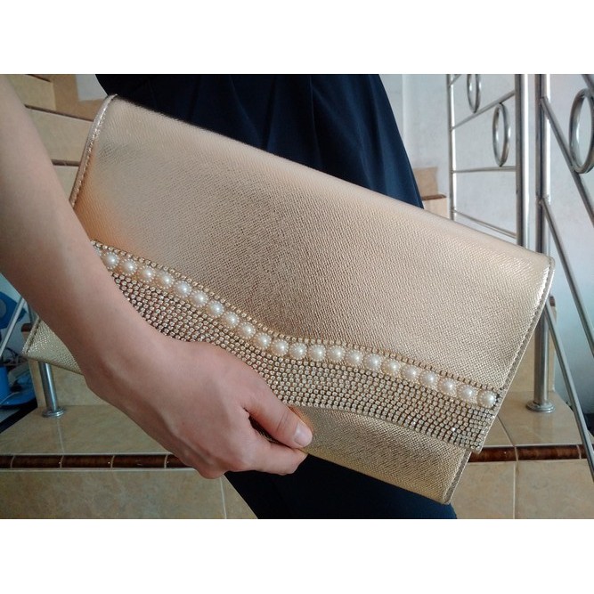 Tas Pesta Dompet Pesta Wanita Import Clutch Cantik  Kristal Mutiara Elegant Hitam Gold Silver PROMO