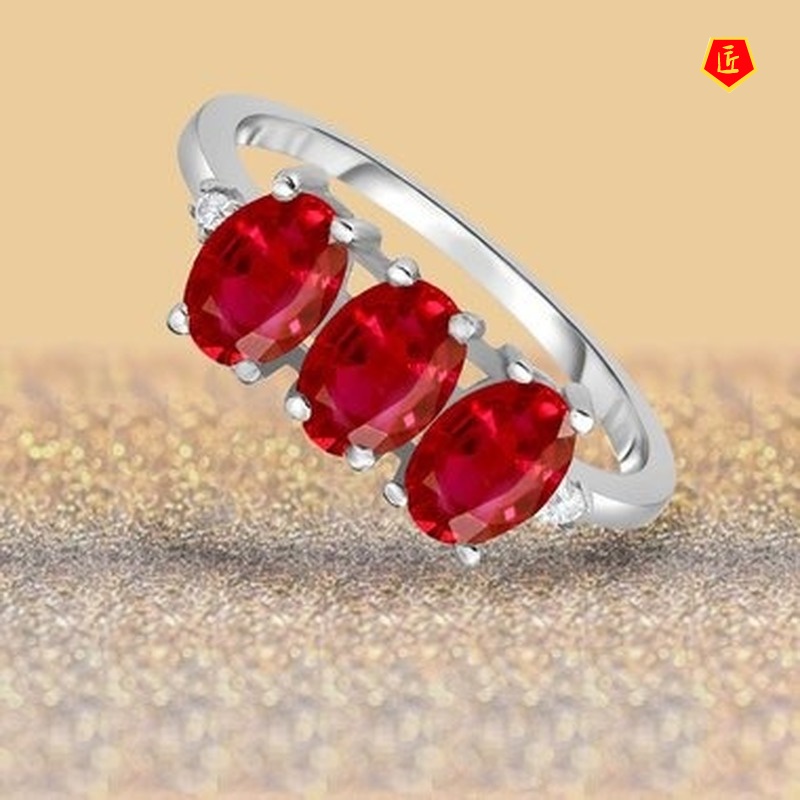 [Ready Stock]Fashion Simple 925 Silver Three Ruby Ring