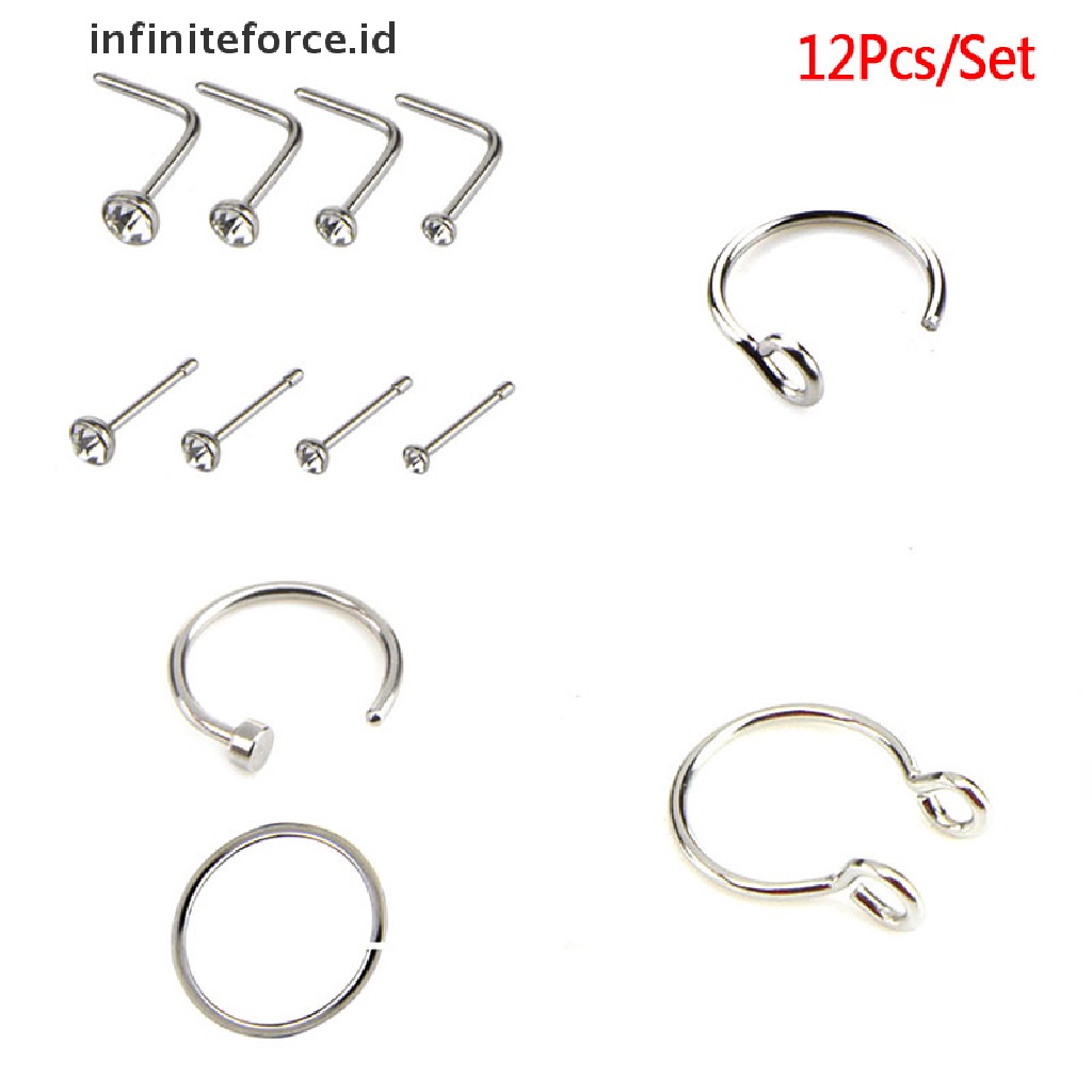 Infiniteforce.id 12pcs / Set Cincin Tindik Hidung / Tubuh Bahan Surgical Steel Hias Kristal