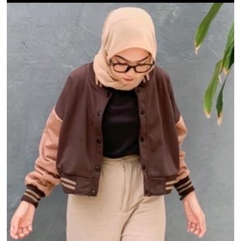 MISS BISBOL CROP BORDIR JAKET CEWE - BASEBALL BW JAKET VARSITY CROP FLEECE-Coklat Tua
