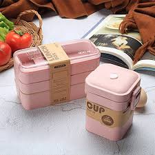 Tempat Makan/Lunch Box Kotak Susun 3 Bahan Gandum Tempat Makan +Satu Set Sendok Garpu Sumpit