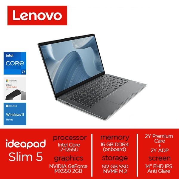 LENOVO IDEAPAD SLIM 5i - i7-1255U - 16GB - 512GB SSD - MX550 2GB -  BACKLIT KB - 14'FHD IPS - WIN11 - OFFICE HOME STUDENT