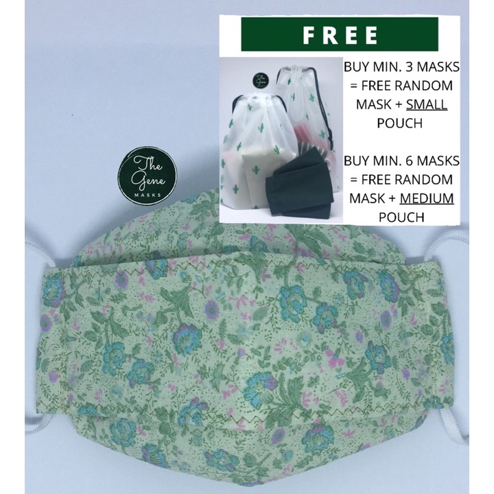 Masker Kain 3 Lapis Hijau Green Mint Motif Bunga-Bunga Bahan Bagus Berkualitas Limited Edition