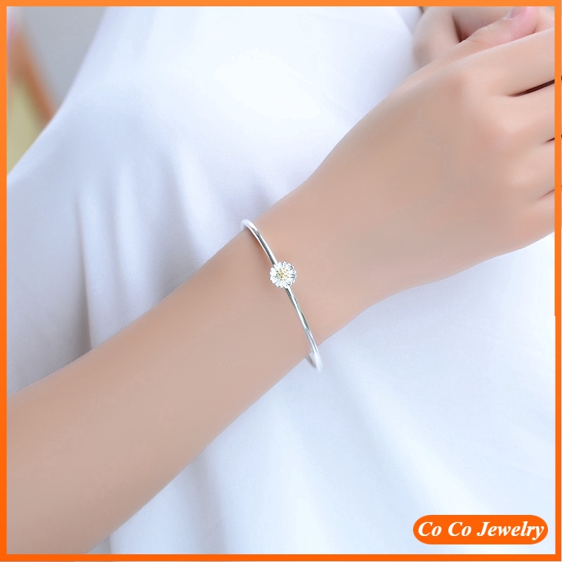 Gelang Pembuka Perak Trendy Daisy Silver Opening Bracelet Adjustable Flower Bangle Women Jewelry Accessories