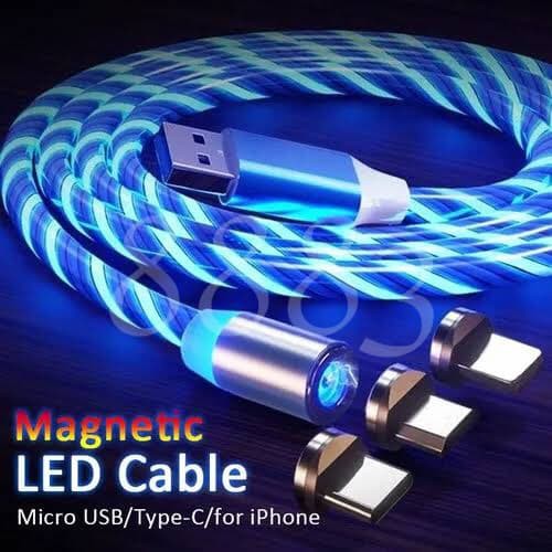 Kabel Cas Kabel Charger 3 in 1 Micro USB Type C Lightning USB GLOW LED Magnetik Fast Charging 1M