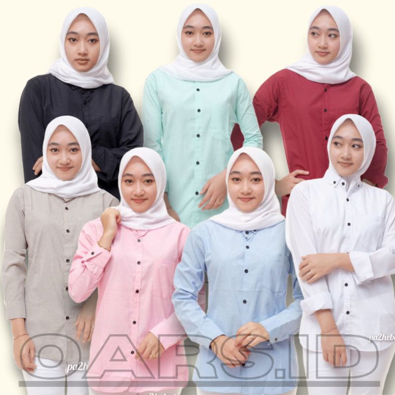 Pakaian wanita kemeja polos lengan panjang tosca putih softblue M L XL