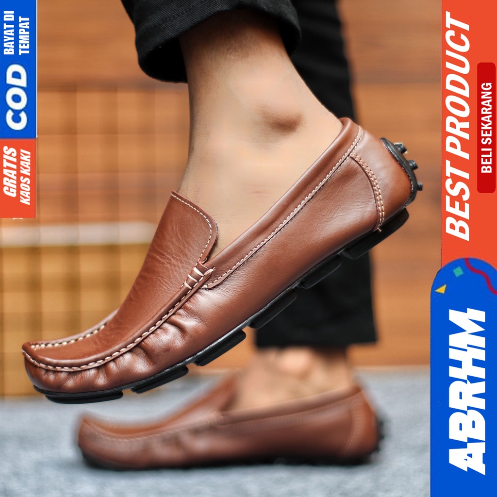 Sepatu Casual Pria Slip On Slop Selop Pansus Santai Kulit Asli Kerja Kantor Kulit Kondangan Hitam Polos Fashion shoes Terbaru Original Murah Kekinian Cowok GENIO ABRHM