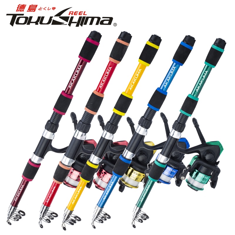 Akakuma 1 Set Joran Pancing Teleskopis Bahan Serat Kaca 1.8m Dengan Reel Penggulung 5.2: 1