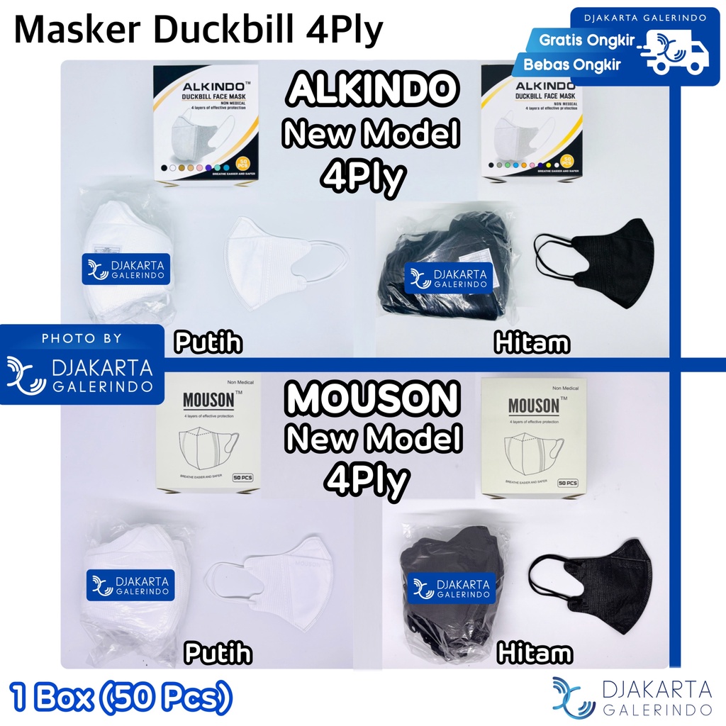 Masker Duckbill 4Ply Mouson Alkindo &amp; 3Ply Earloop &amp; Headloop Model Duckbill 1 Box isi 50 Pcs