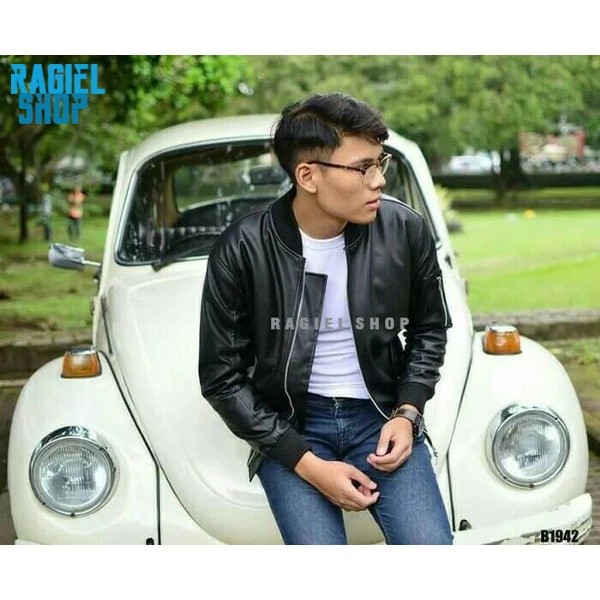 Jaket Bomber Kulit Pria Hitam Sintetis Viena Furing Dormil Zipper Resleting boxy Mafia Skena Granger