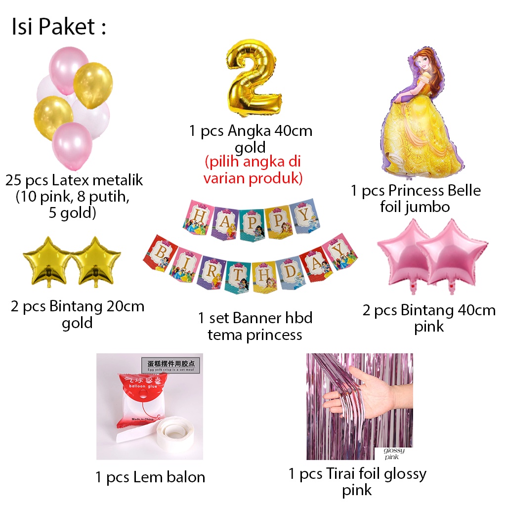 [PAKET] BIRTHDAY Set BANNER PRINCESS CURTAIN Dekorasi Pesta Ulang Tahun Anak