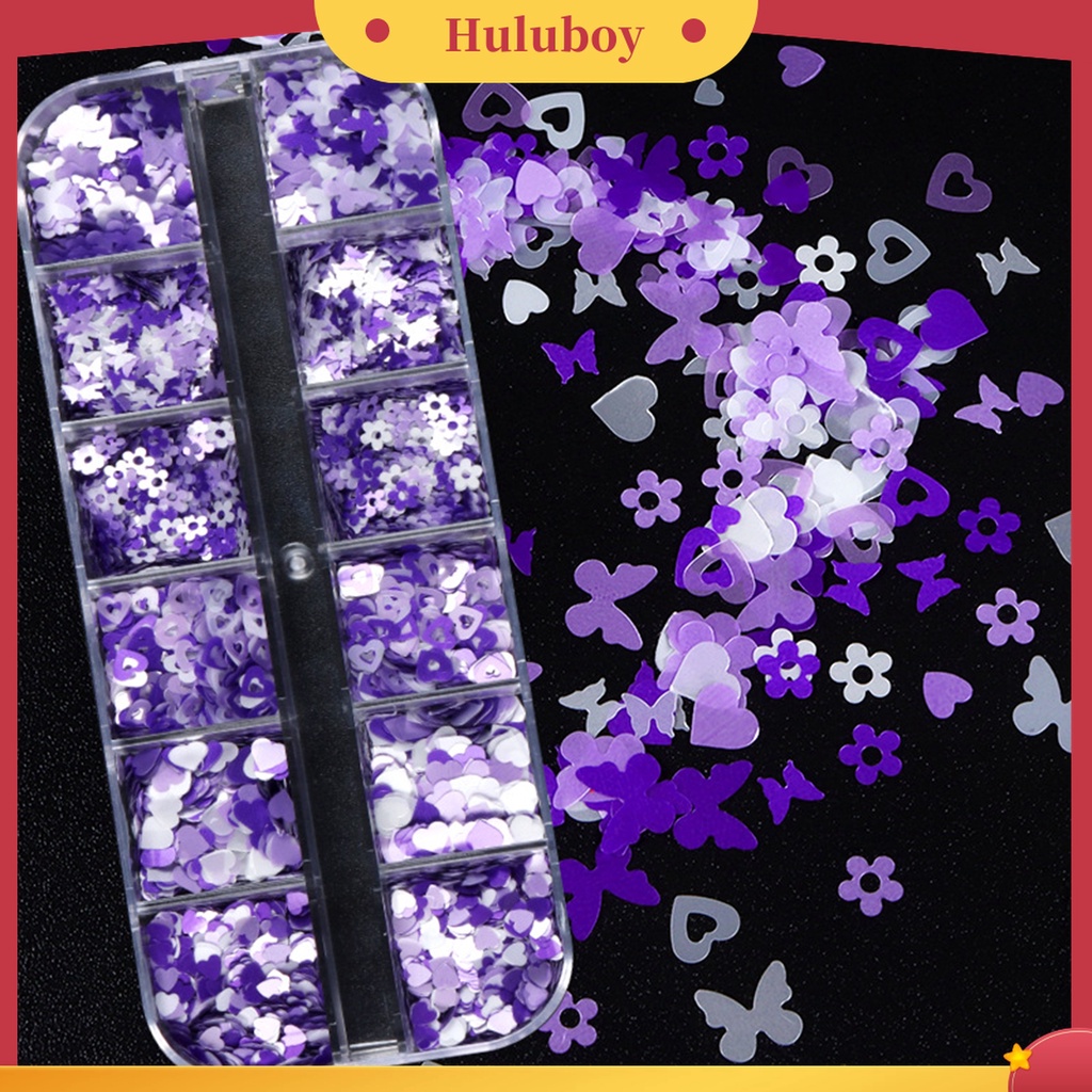 Huluboy Huluboy♡ 12 Grids Glitter Portable Warna Ungu Plum Blossom Untuk Dekorasi Kuku Jari Wanita