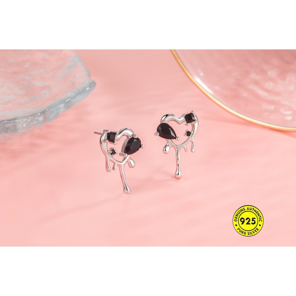 Anting Tusuk Sterling Silver 925 Desain Hati Hias Berlian Hitam Untuk Wanita