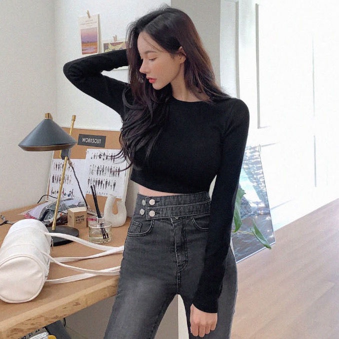 #Sisjuly# Kaos Ketat Pendek Lengan Panjang Peregangan Crop Top Crewneck Bottoming